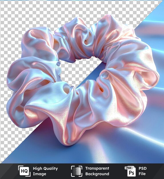 Transparent psd picture beautiful white silk scrunchie on a blue background