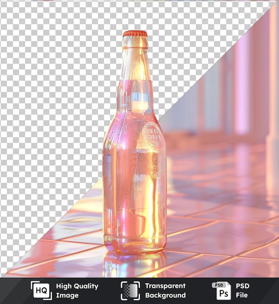 PSD Прозрачная бутылка пива и блестящее отражение на плиточном полу