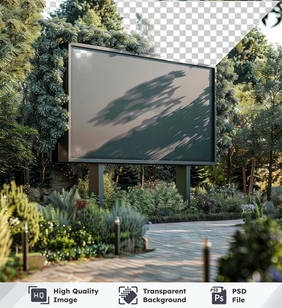 Immagine psd trasparente di un modello di cartellone pubblicitario in un parco con alberi verdi, cielo blu e cartello bianco