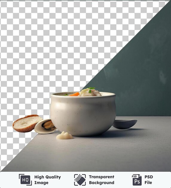 PSD transparent psd picture bowl of clam chowder on a gray table against a green wall with a black shadow in the foreground