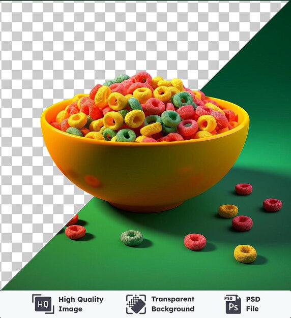 PSD transparent psd picture bowl of fruit loops on a green table accompanied by a variety of colorful candies including red yellow green and small red candies