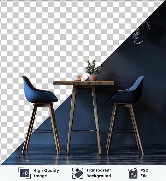 PSD Прозрачный стол в кафе, украшенный горшками и белой чашей, окруженный черно-голубыми стульями с голубой стеной и деревянным полом на заднем плане
