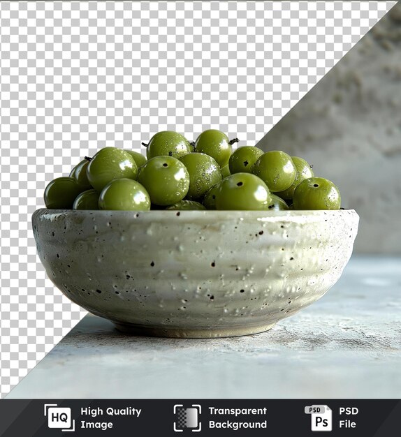 PSD transparent psd picture of caperberries and grapes in white bowl on gray wall with shadow