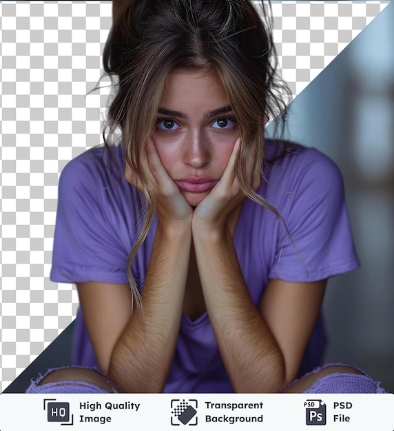 PSD 透明なpsd画像 白人の女性が紫のtシャツを着て 顔を手で覆い 悲しい概念で悲しんで泣いています