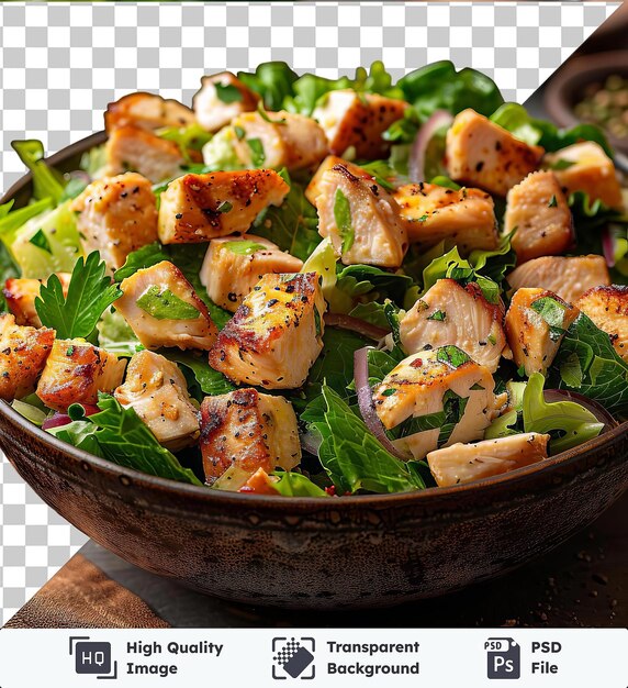 PSD transparent psd picture chicken caesar salad in a wooden bowl