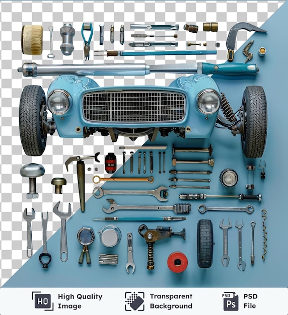 Transparent psd picture classic car restoration tools set displayed on a blue table featuring black tires a silver and metal grill and a silver and metal tool