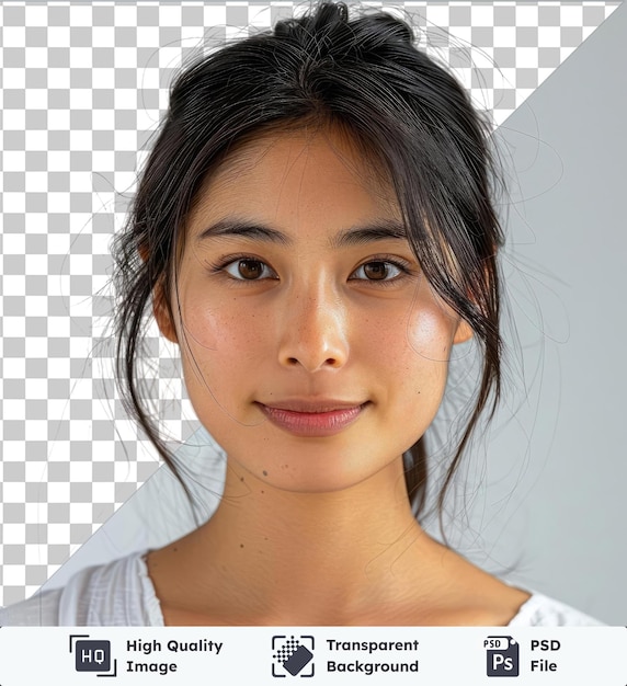 PSD transparent psd picture closeup beautiful asian young woman face with clean fresh skin wearing a white shirt and black hair featuring brown eyes a small nose and a red and pink lip