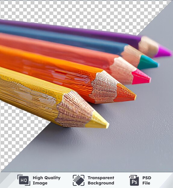 PSD transparent psd picture of colored pencils on a gray table with yellow pencil and dark shadow