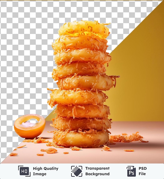 PSD transparent psd picture crispy onion ring tower on a pink table against a yellow wall