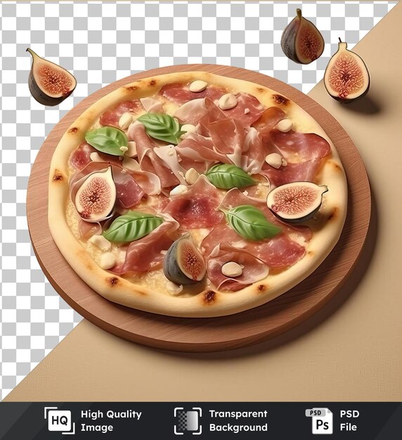 Pizza di fichi e prosciutto deliziosi coperti di foglie verdi fresche su un tavolo di legno