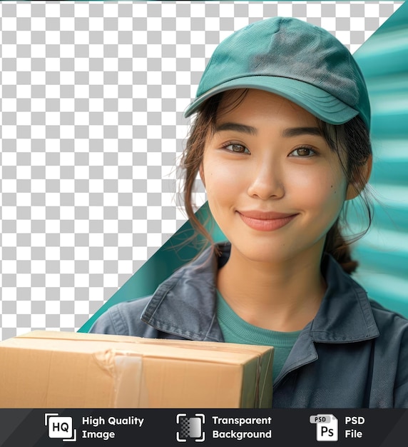 Transparent psd picture delivery woman smiling proudly and confidently feeling happy and satisfied and showing a concept on copy space