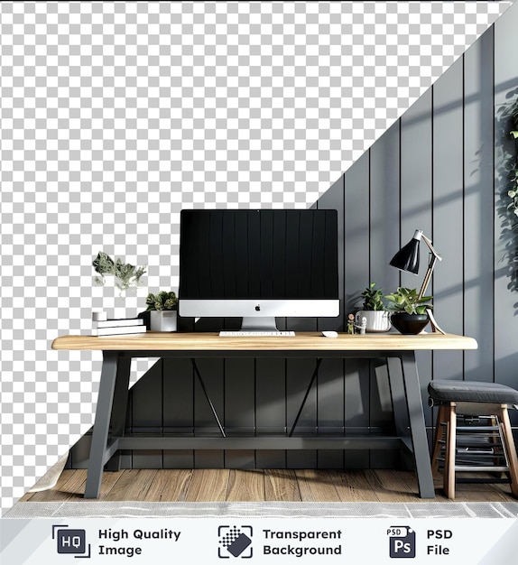 PSD transparent psd picture of desk with computer mockup greenery potted plants white pot black lamp