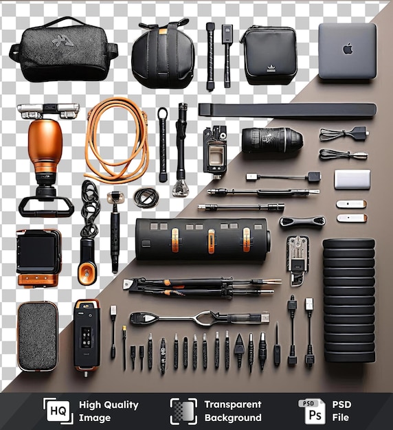 PSD transparent psd picture digital marketing tools and gadgets set a collection of tools and gadgets arranged on a table including a black pen black camera orange cord and black pen