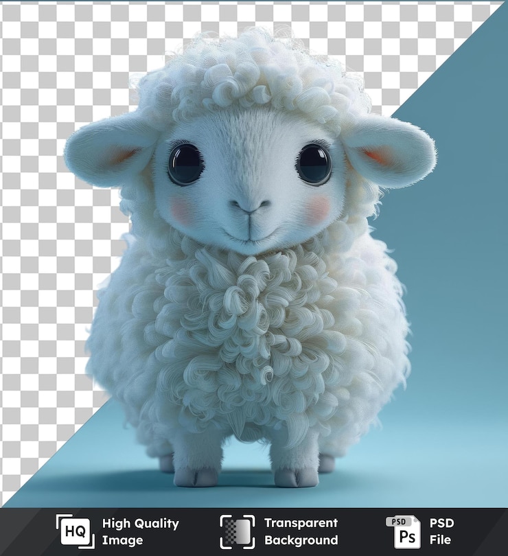 PSD transparent psd picture eid al adha sheep toy for ramadan featuring a white face with black eyes a closed mouth and a small nose with white ears and legs