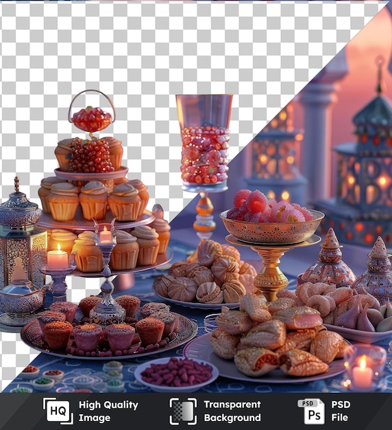 PSD transparent psd picture eid al fitr traditional snacks displayed on a white and blue table accompanied by a lit candle and a clear glass with a blue building in the background