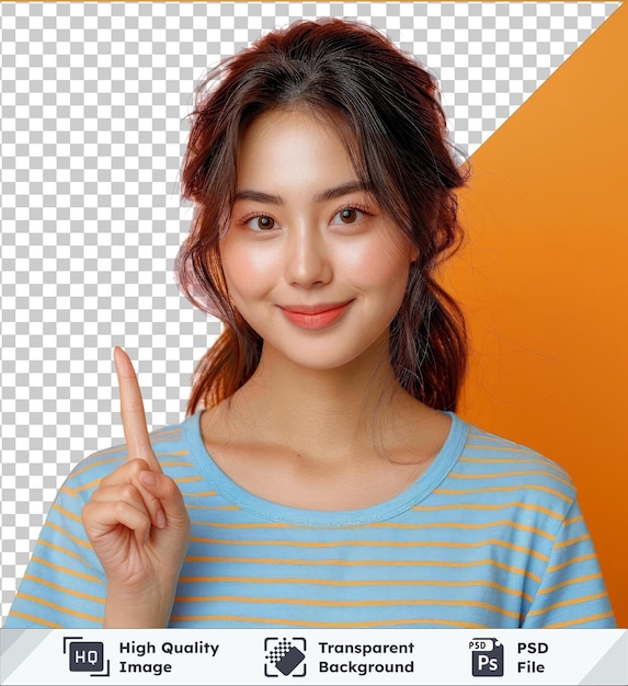 PSD transparent psd picture excited asian woman wearing blue striped shirt pointing to empty space stan