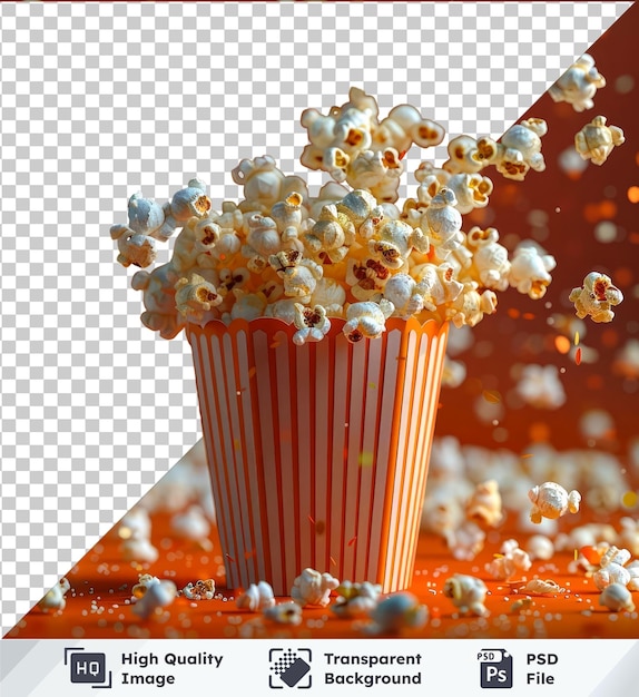 Transparent psd picture falling popcorn in box mockup on orange background