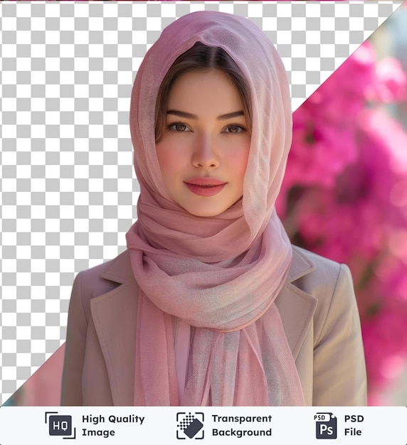 PSD transparent psd picture fashi wearing a pink scarf stands in front of a pink wall adorned with pink flowers her brown eyes and nose are visible as well as a pink flower in