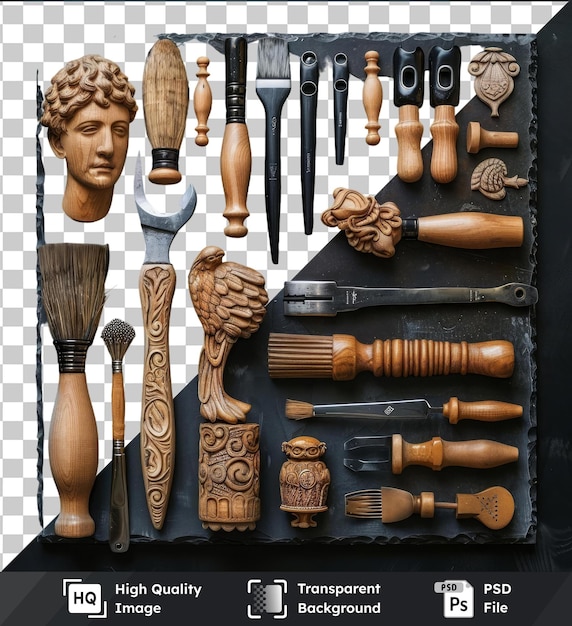 PSD transparent psd picture fine arts sculpture tools set displayed on a black table featuring a variety of tools including a wood brush brown brush silver and black knife and wood and brown handle