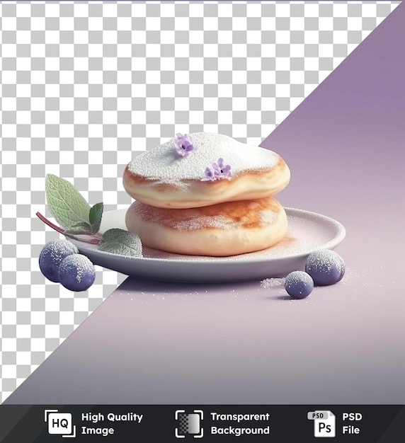 PSD transparent psd picture fluffy souffle pancake on a white plate adorned with a purple flower and green leaf placed on a transparent background