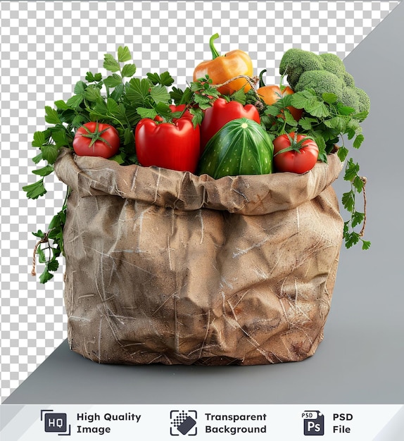 PSD transparent psd picture fresh vegetables in a recyclable paper bag isolated on gray background
