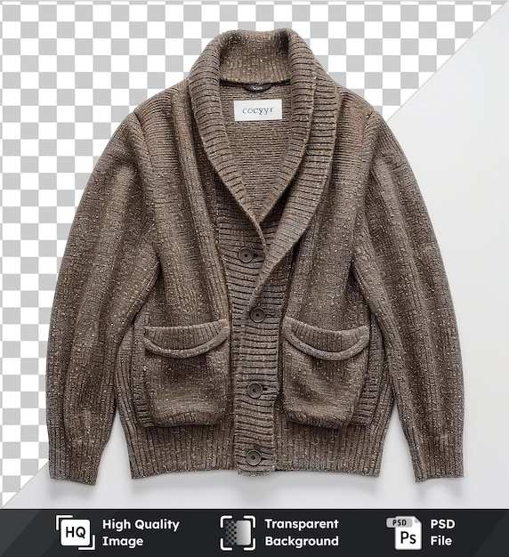 Transparent psd picture front view capture a cardigan brown technical materials fabric label