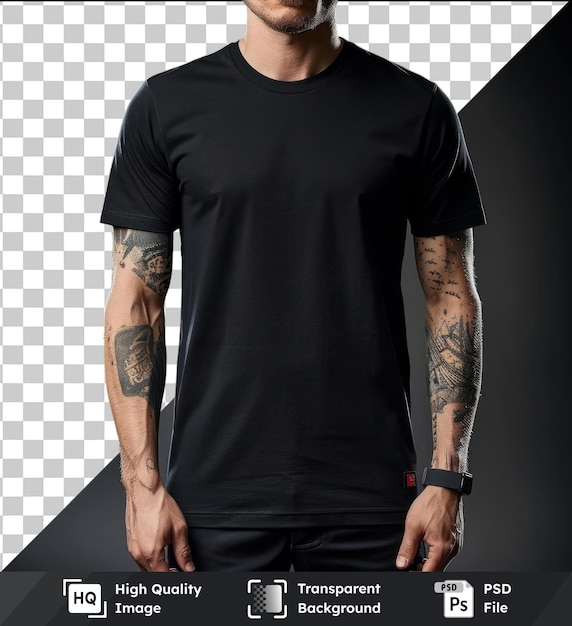 PSD transparent psd picture front view capture a premium t shirt black technical materials fabric label