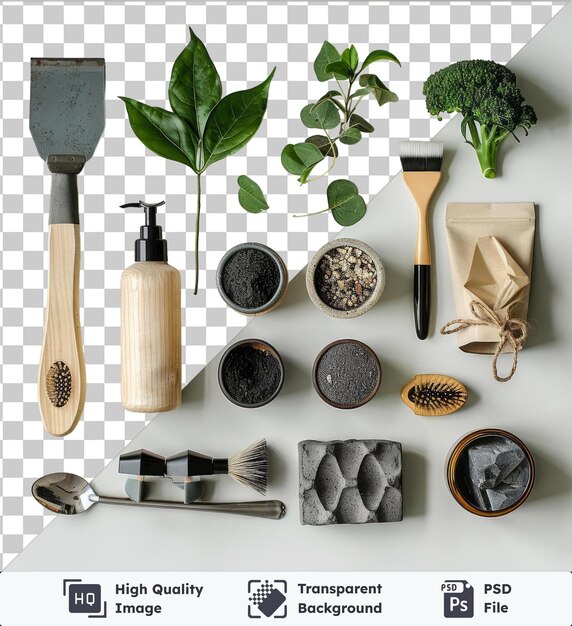 PSD transparent psd picture gardening and plant care set displayed on a white wall featuring a variety of plants including green leaves broccoli and a small brown bowl accompanied by a black