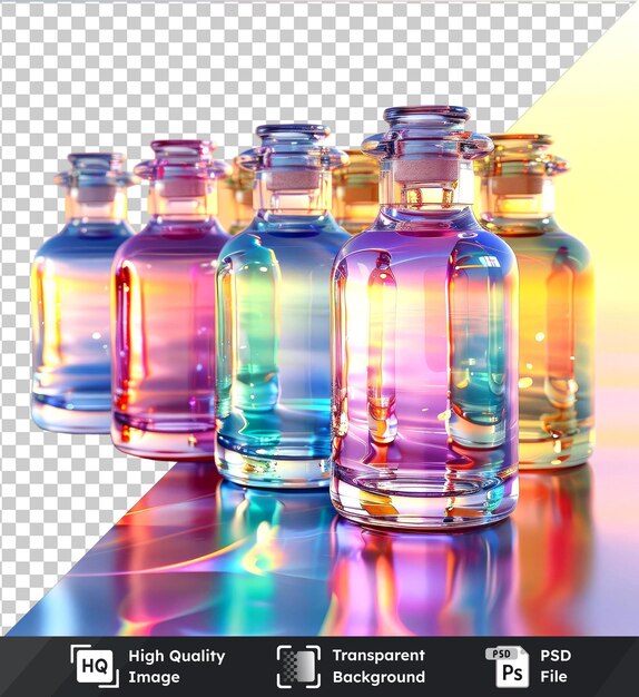 PSD transparent psd picture glass vials with medicine mockup on a shiny table against a pink wall