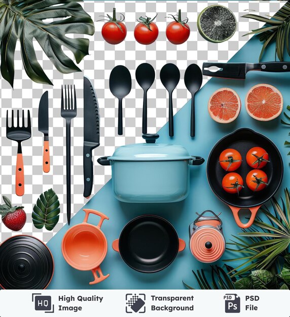 PSD transparent psd picture gourmet caribbean cooking set featuring a variety of utensils including a black knife silver fork and black spatula arranged on a blue table with a green