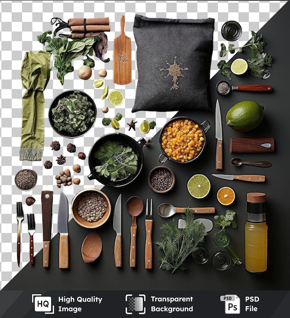 Transparent psd picture gourmet mexican cooking set featuring a variety of ingredients and utensils on a black table the set includes a silver knife wood and brown spoon black bowl