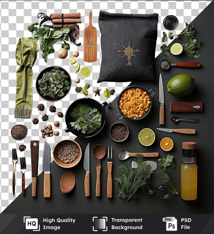 PSD transparent psd picture gourmet mexican cooking set featuring a variety of ingredients and utensils on a black table the set includes a silver knife wood and brown spoon black bowl