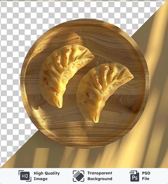 Transparent psd picture gyoza dumplings on a wooden plate