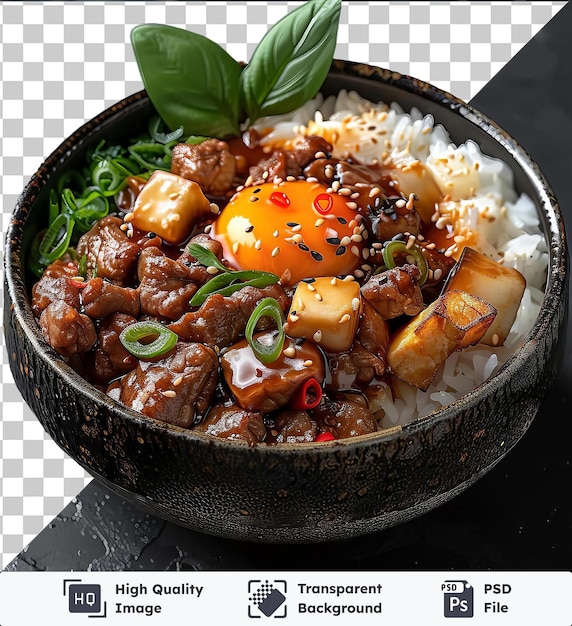 PSD transparent psd picture gyudonic food served in a black bowl with a green leaf on a black table