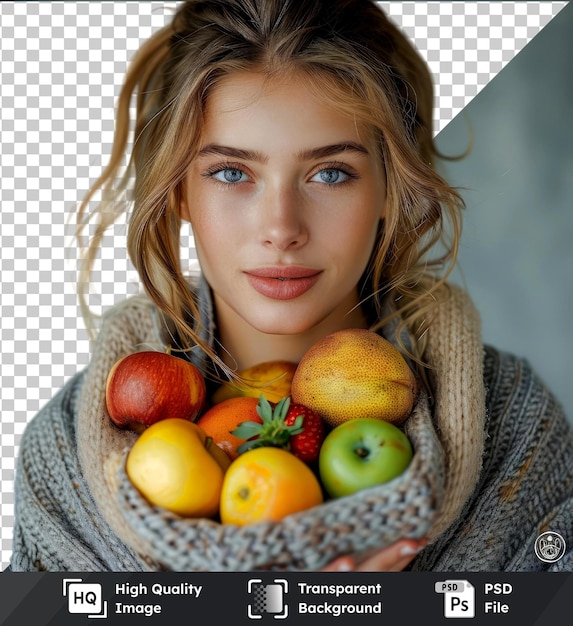 PSD foto psd trasparente cucina sana ciotola di frutta fresca attraente e giovane donna con frutti freschi nella ciotola
