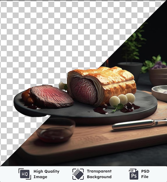 Transparent psd picture hearty beef wellington served on a black plate with a silver fork accompanied by a glass of red wine and a clear glass a green plant adds a touch of nature to