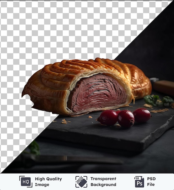 PSD transparent psd picture hearty beef wellington with cranberries on a black table accompanied by a silver knife and a small green plant with a brown handle visible in the background