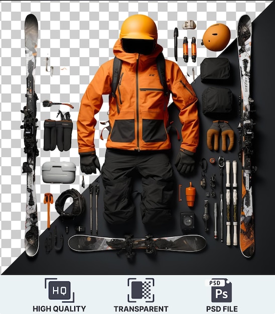 Immagine psd trasparente set di attrezzature da sci e snowboard ad alte prestazioni con giacca arancione pantaloni neri e guanti neri visualizzati contro una parete nera