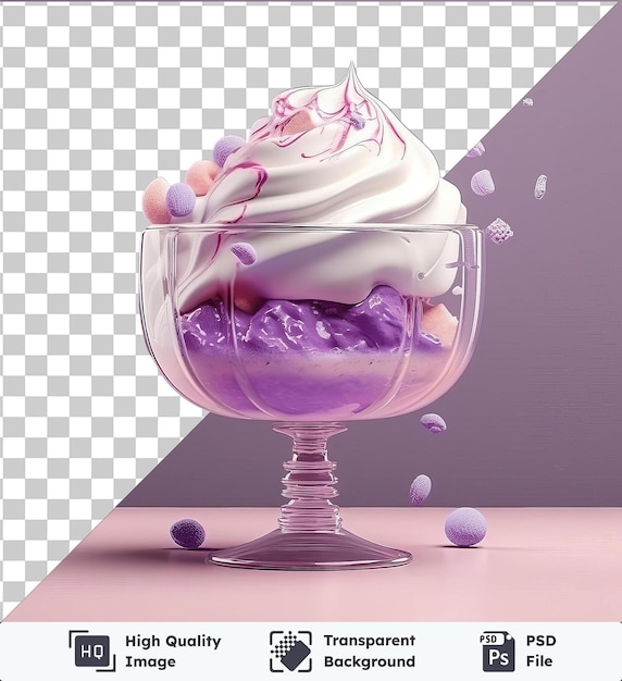 PSD transparent psd picture ice cream sundae in a glass on a pink table surrounded by purple balls and a round base with a purple wall in the background and a dark shadow cast on
