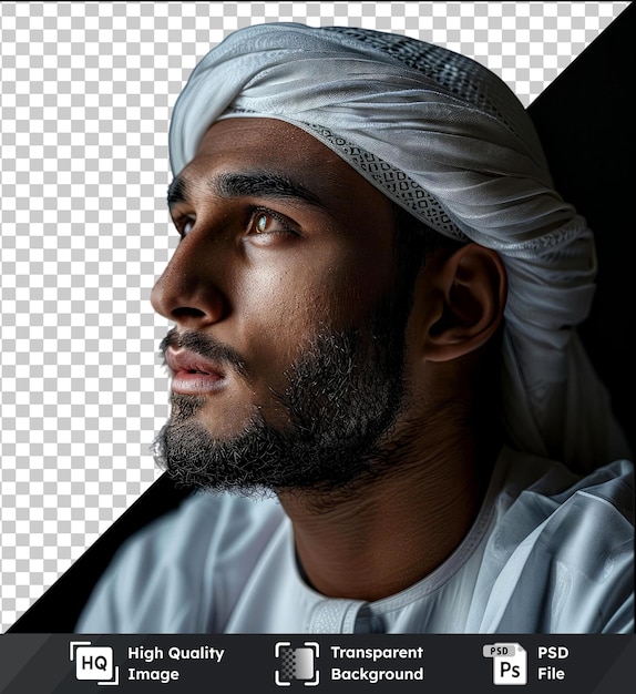 Transparent psd picture of islamic young man with turban black beard white shirt black tie