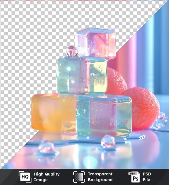 Transparent psd picture of jerky cubes glass bottle red ball and curtain with shiny reflection