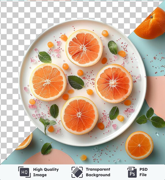 PSD immagini psd trasparenti kakitamajiru arance e foglie verdi disposte su un piatto bianco su un tavolo blu