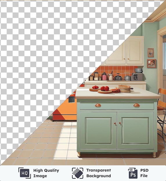 Opere d'arte di cucina trasparente psd con una parete verde e blu bancone bianco rubinetto d'argento e lavandino bianco con una grande finestra sullo sfondo la cucina include anche un