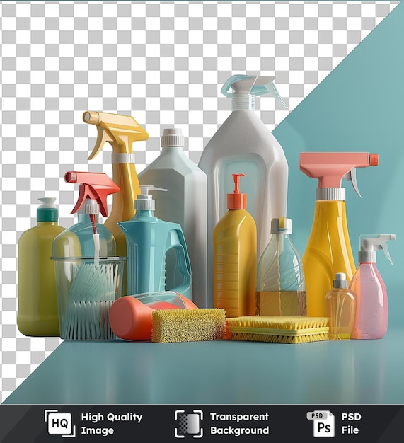 PSD transparent psd picture kitchen cleaning supplies yellow blue pink and orange bottles arranged on a blue table against a blue wall