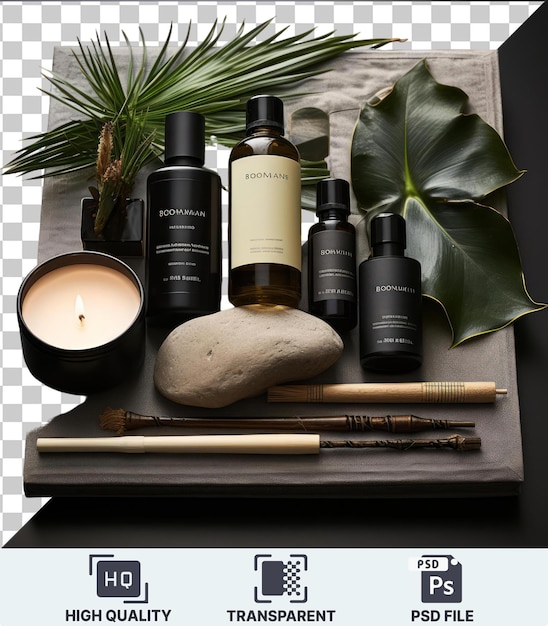 Transparent psd picture luxury home fragrance and aromatherapy set featuring black bottles a candle and a green leaf on a black table