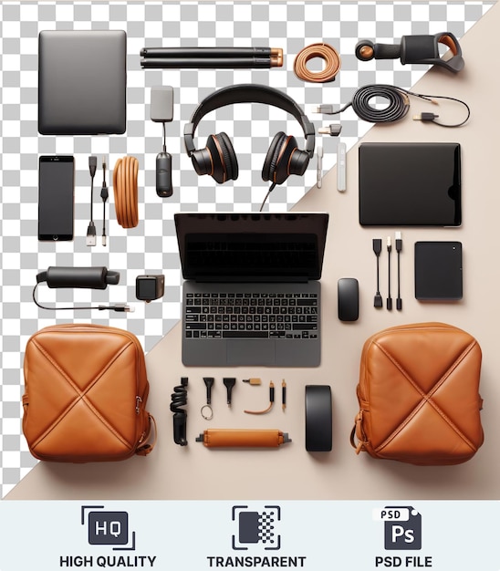 PSD transparent psd picture luxury home office decor and gadgets set up featuring a black laptop black headphones and a brown leather wallet on a transparent background