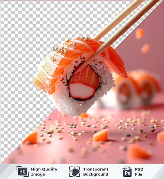 PSD transparent psd picture maki sushi mockup falling with chopsticks on a pink background