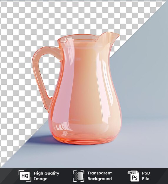 PSD transparent psd picture measuring jug a close up of a jug with a curved handle placed on a white and blue table casting a dark shadow