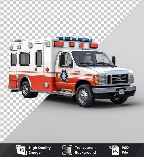 PSD transparent psd picture mockup of an ambulance with black tires orange and red lights a white door and a glass window against a gray sky