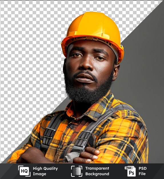 PSD transparent psd picture mockup of a black male constructiworker with helmet looking at the camera